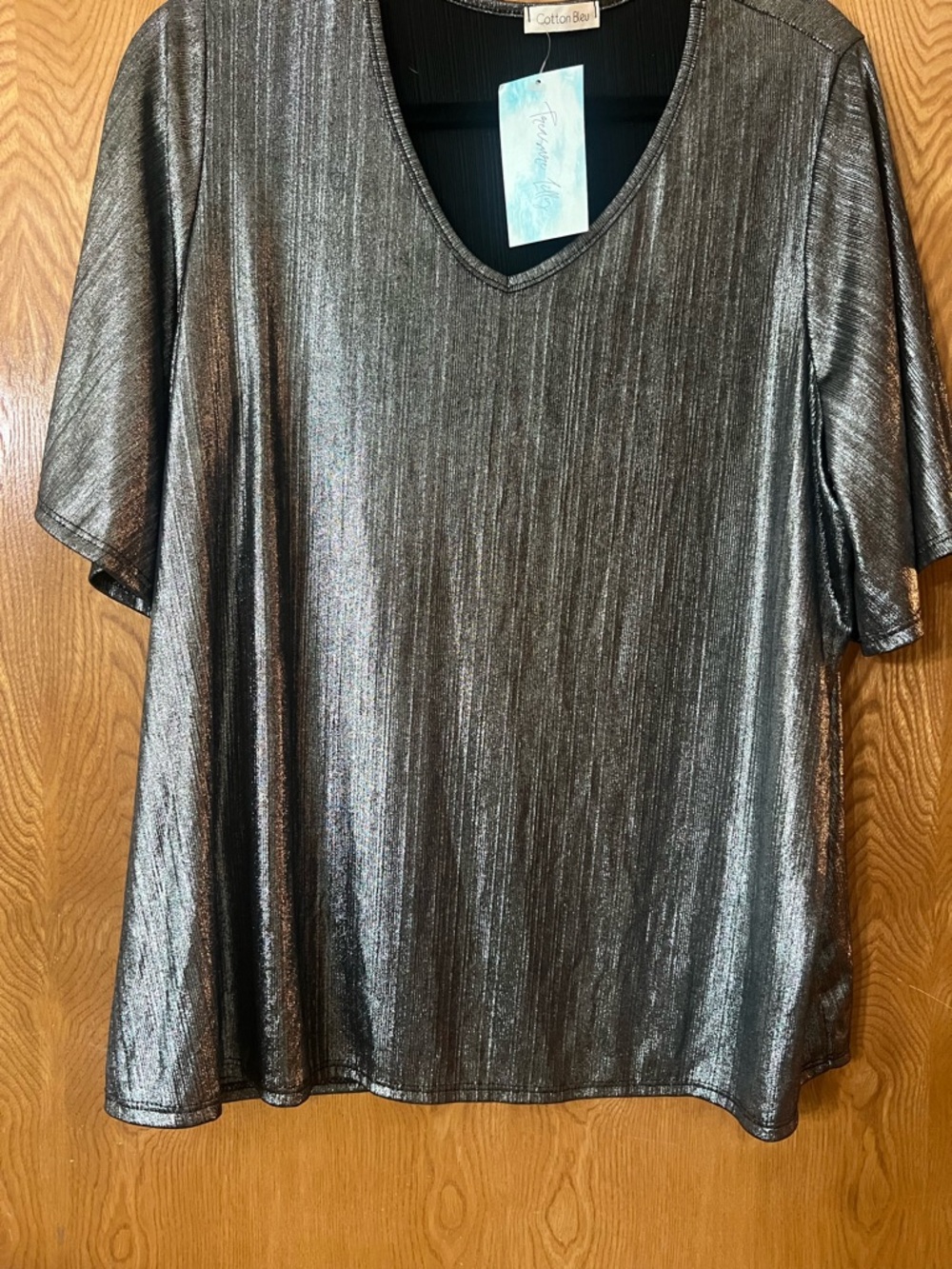 Cotton Bleu Women's Metallic V-Neck Short Sleeve Tee - Silver